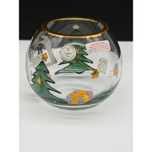 Crystal Clear Handcrafted Christmas Village Glass Bowl Gold Rim Made in Romania